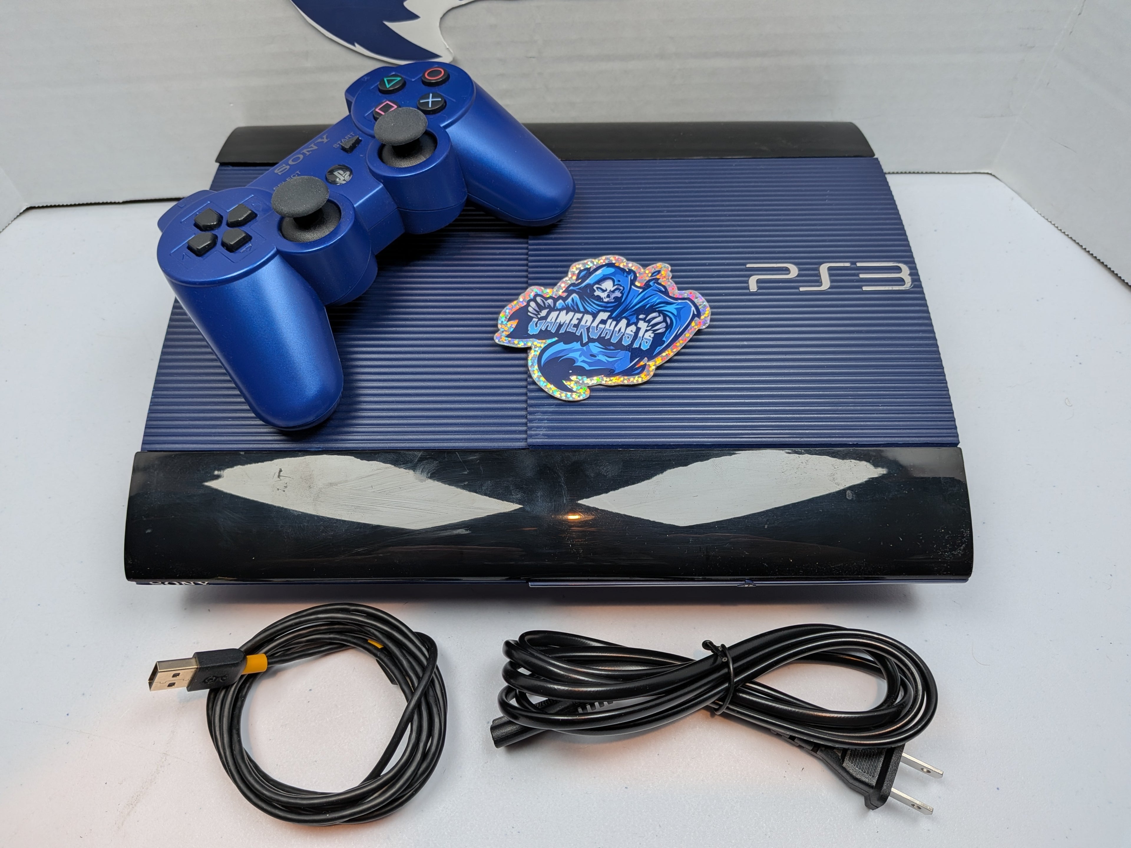 Sony PlayStation 3 PS3 Super Slim Console - Azure / Black w/Blue Controller + Power